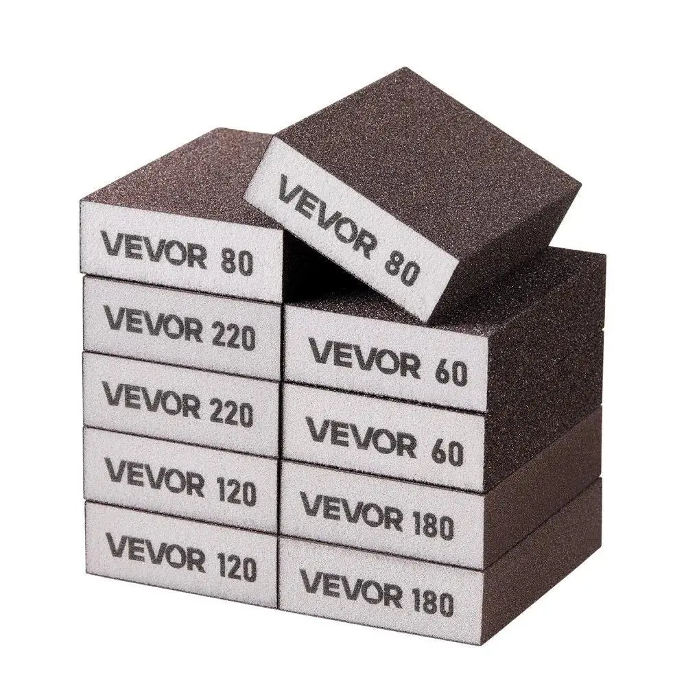VEVOR Handheld Sanding Sponge Set, 10 Pcs 60/80/120/180/220 Grit (2 Each), Washable Reusable Sponges for Dry-Wet Use, Coarse to Fine Blocks for Construction, Scratch Repair, Carving Repairs on Drywall Wood Metal Furniture