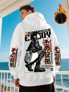 Men's Oversized Anime Hoodie | Japanese Graphic Print Fluffy Fleece Lined Sweatshirt | "Breakthrough Dimension" Otaku Streetwear Hooded Pullover | White Aesthetic Anime Fashion Hoodie for Casual/Convention Wear | Flame Print Harajuku Style Hoodie