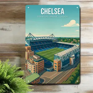 1PC 2D Flat, Chelsea Stamford Bridge Stadium Wall Art, Vintage Wall Art, Retro Football Stadium Decoration, Lightweight Iron Structure, Easy to Hang 12x8inch (30x20cm) Football Stadium Poster, Suitable for Living Room, Office