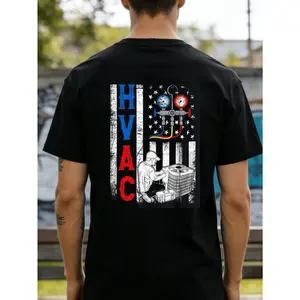 Men' & Women' Distressed HVAC - Retro American Flag Heating Cooling Units Graphic, Soft Breathable Cotton Crew Neck Tee Suitable for HVAC Technician Apparel Gift, Heating Cooling System, Machine Washable Casual Wear