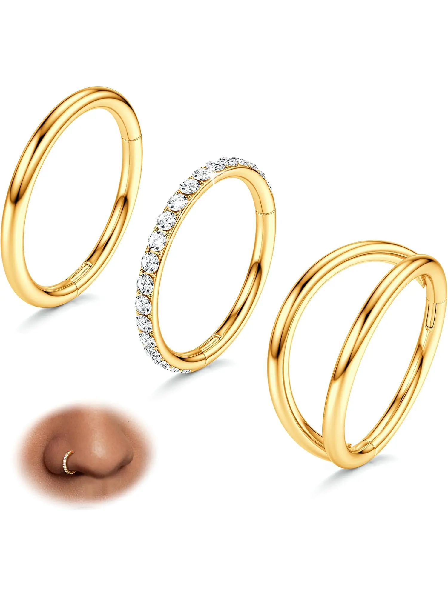3 Pcs Golden Round Nose Hoop Piercings For Women Men 316L Stainless Steel Double Hoop Nose Rings Shining CZ Septum Piercing Helix Conch Tragus Daith Earring Lip Piercing Jewelry Set Hypoallergenic Jewelry Set