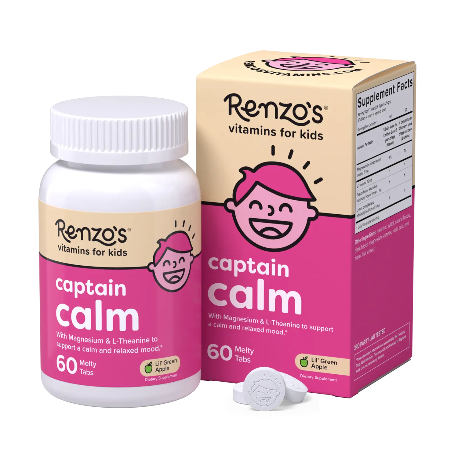 Renzo's Vitamins Captain Calm for Kids with Magnesium, L-Theanine, and Botanicals - 60 Melty Tabs