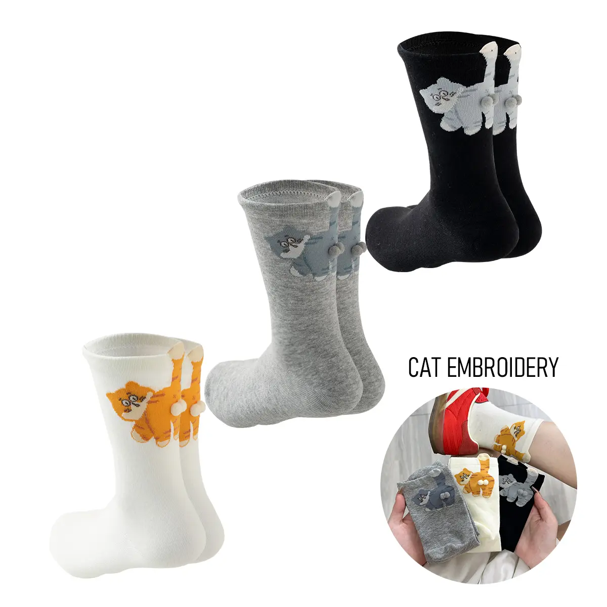Funny Cat Crew Socks for Women - Soft Cotton Novelty Style with 3D Pompoms, a Great Gift for Cat Lovers, Fit, 3 Pack, Fuzzy, Plush, Ball, Comfortable, Birthday, Fantasy, Fuzzy Socks, Playful, Cotton Material, Cute, Cotton Fabric