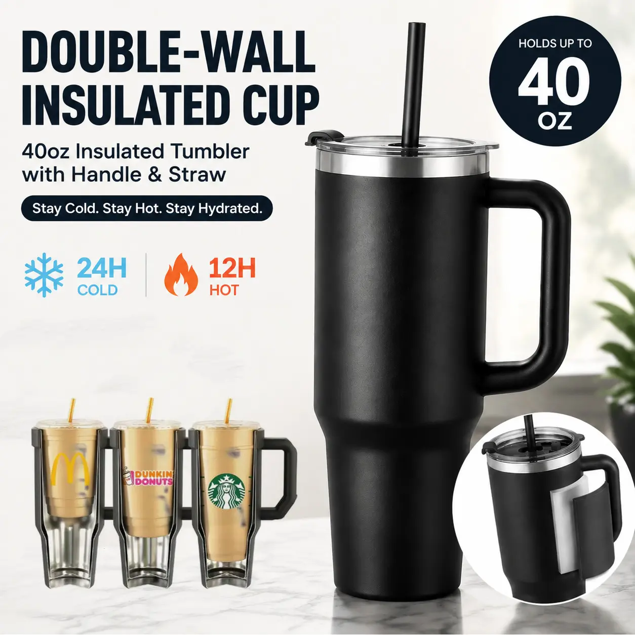 40 oz Insulated Water Bottle, Stainless Steel Sports Coffee Cup with Lid, Handheld Travel Coffee Mug Double Walled, Camping Hydration Flask Leakproof, for Indoor/Outdoor School, Work, Black Tumbler Bottled Tumbler Bottled Portable Drinkware Insulation