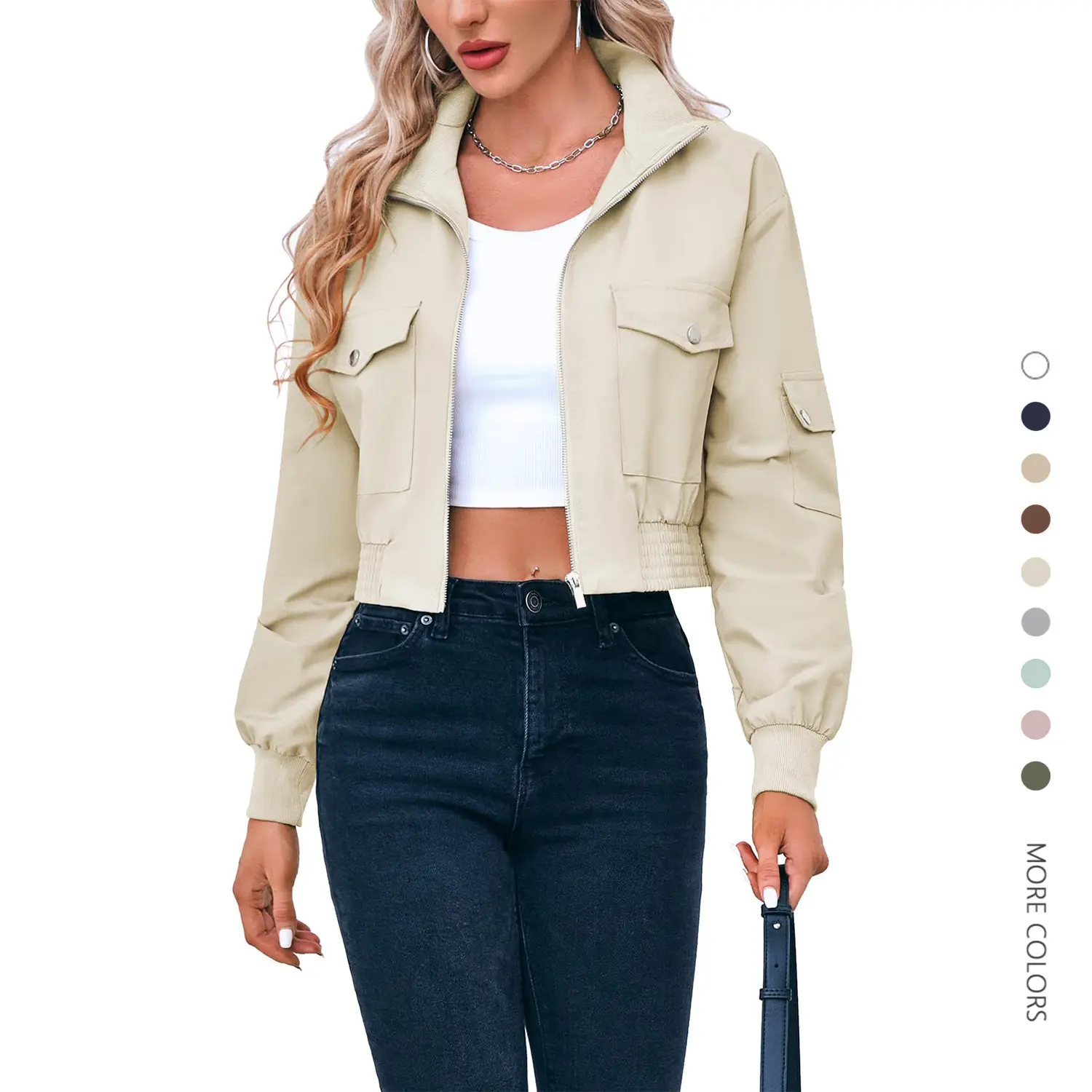 Women's Danedvi Fitted Cropped Bomber Coat - Full Sleeves, Collared, Zip-Up Pockets, Button Detail, Lightweight Streetwear Tops, Fashion Apparel, Athletic Fabric for Casual-to-Night Use