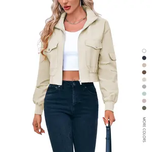 Danedvi Women's Fitted Cropped Bomber Coat - Fashion Chic Lightweight Streetwear Zip-Up Stand Collar Long-Sleeve Short Jacket with Pockets, Comfortable Athletic Fabric Casual Lady Top,summervibes