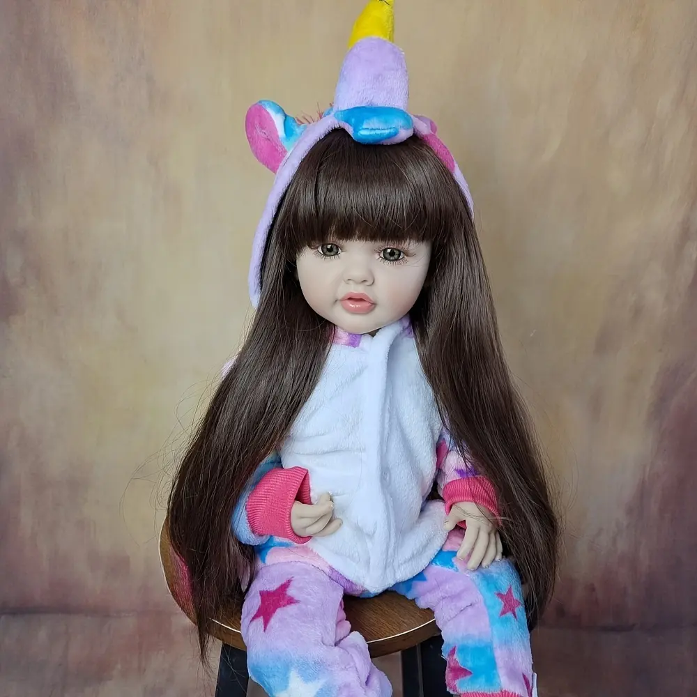 GUESSBELLY 55 CM 22 Inch Reborn Baby Girl Doll Full Soft Vinyl Lifelike Realistic Princess Toddler with Long Brown Hair Newborn Bebe Kids Birthday Gift