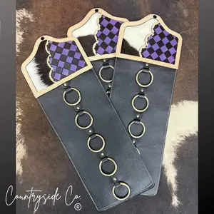 Rustic Leather Scarf Hanger - Purple Checkered Wild Rag Organizer for Home Storage Needs