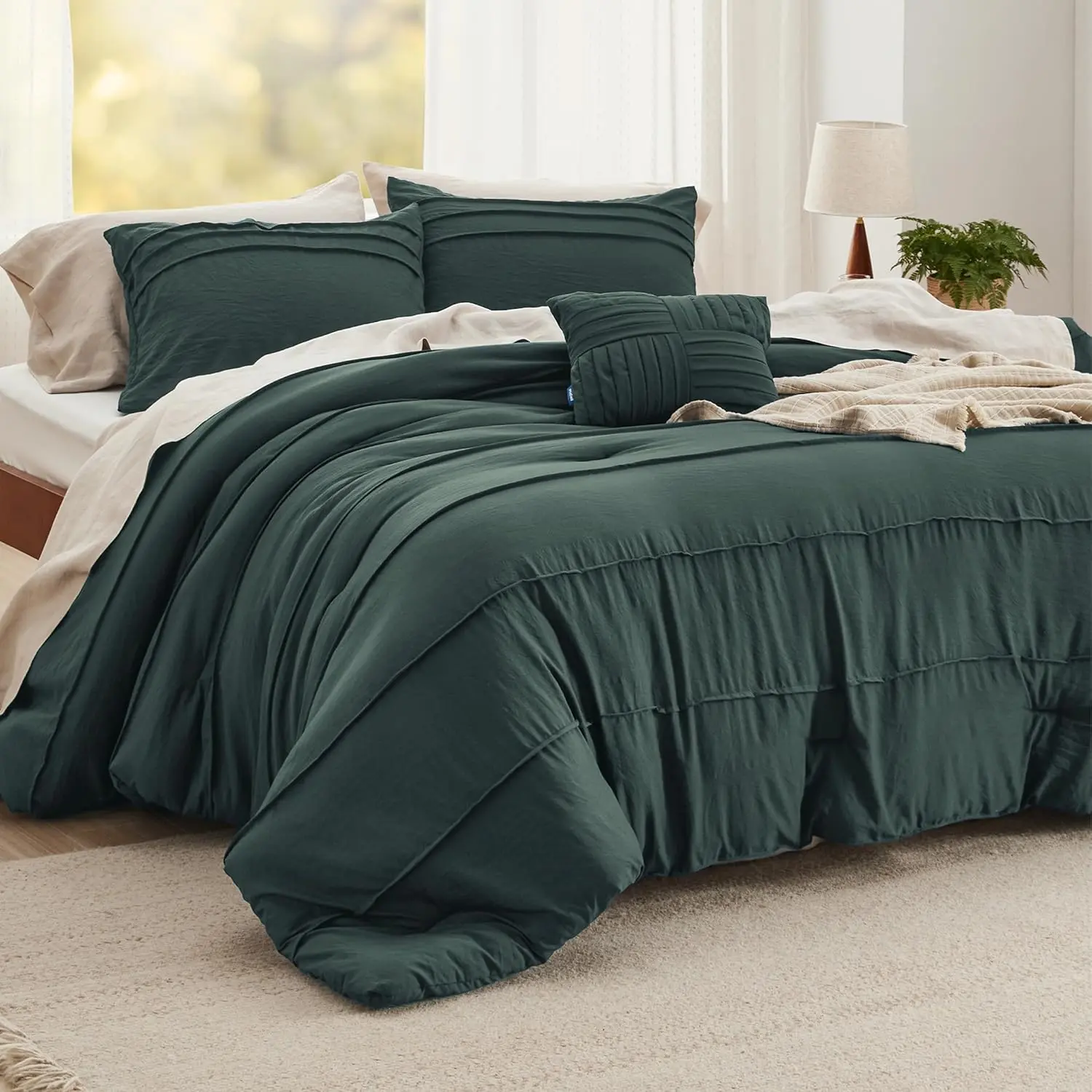 Emerald Green California King Comforter Set - Modern 4-Pinch Pleat Striped Boho Bedding, Set Includes 1 Comforter, 2 Pillowcases, 1 Decorative Pillow for Year-Round Sleep & All Seasons Use