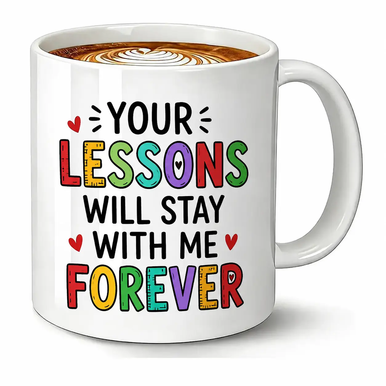 Teacher Mug, Thank You Teacher Gift, "Your Lessons Will Stay With Me Forever" 11oz White Ceramic Coffee Mug, Teacher Appreciation Gift from Student, End of Year Gift