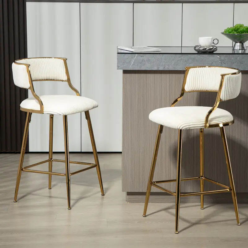 (SET of 2) 26'' Counter height bar stools, Corduroy kitchen island counter bar stool with back, golden chromed base and footrest bar stool chair, barstools