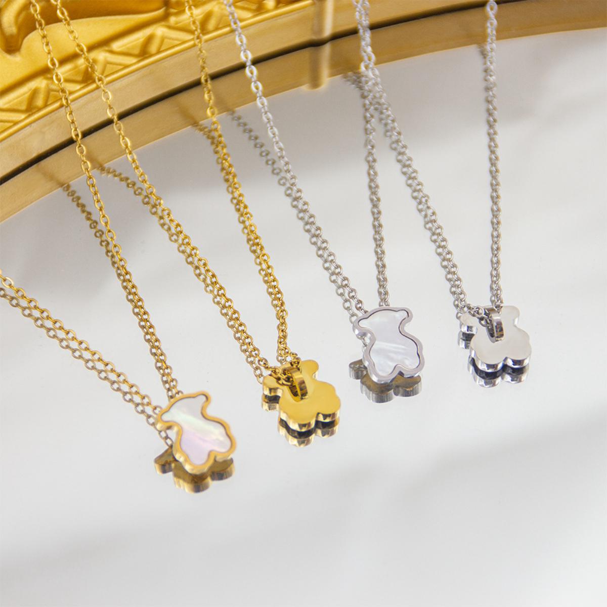 Chic Bear Silhouette Pendant Necklace, Polished Chain with Luminous Inlay, Perfect Gift for Her