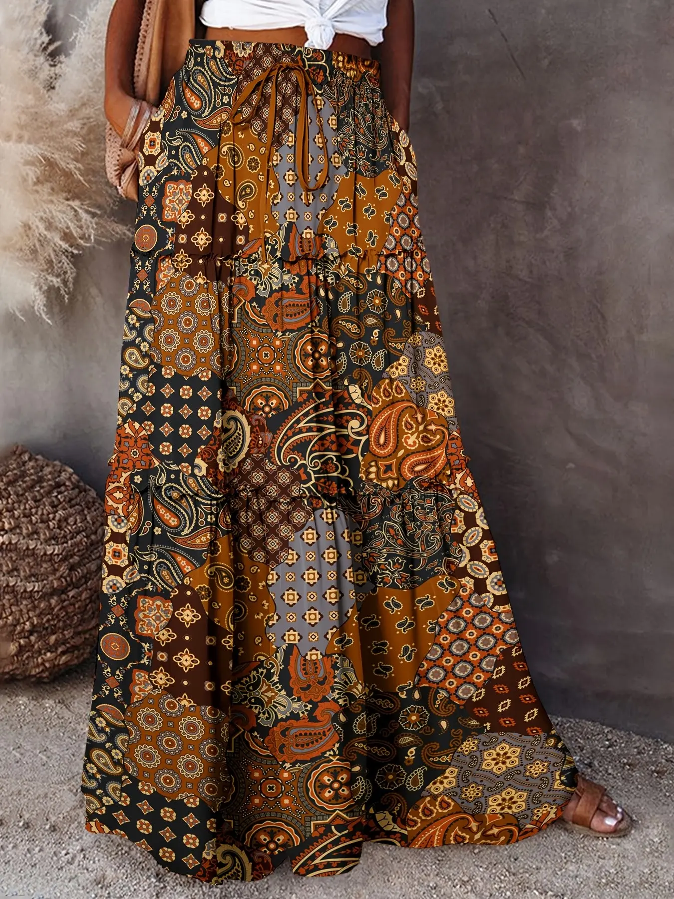 Women's Casual Boho Bohemian Half-Sleeve Print Dress Skirt, Perfect for Vacation Wear, Stylish Ladies' Clothing, Comfortable and Trendy Design, Maxi