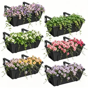 6-Pack Reusable Plastic Multi-Plant Window Box Planters, Hanging Rectangular Indoor-Outdoor Flower Pots with Adjustable Railing Brackets, Self-Watering Trays & Integrated Drainage Holes for Hanging Flowers Decor, Vegetables, Succulents