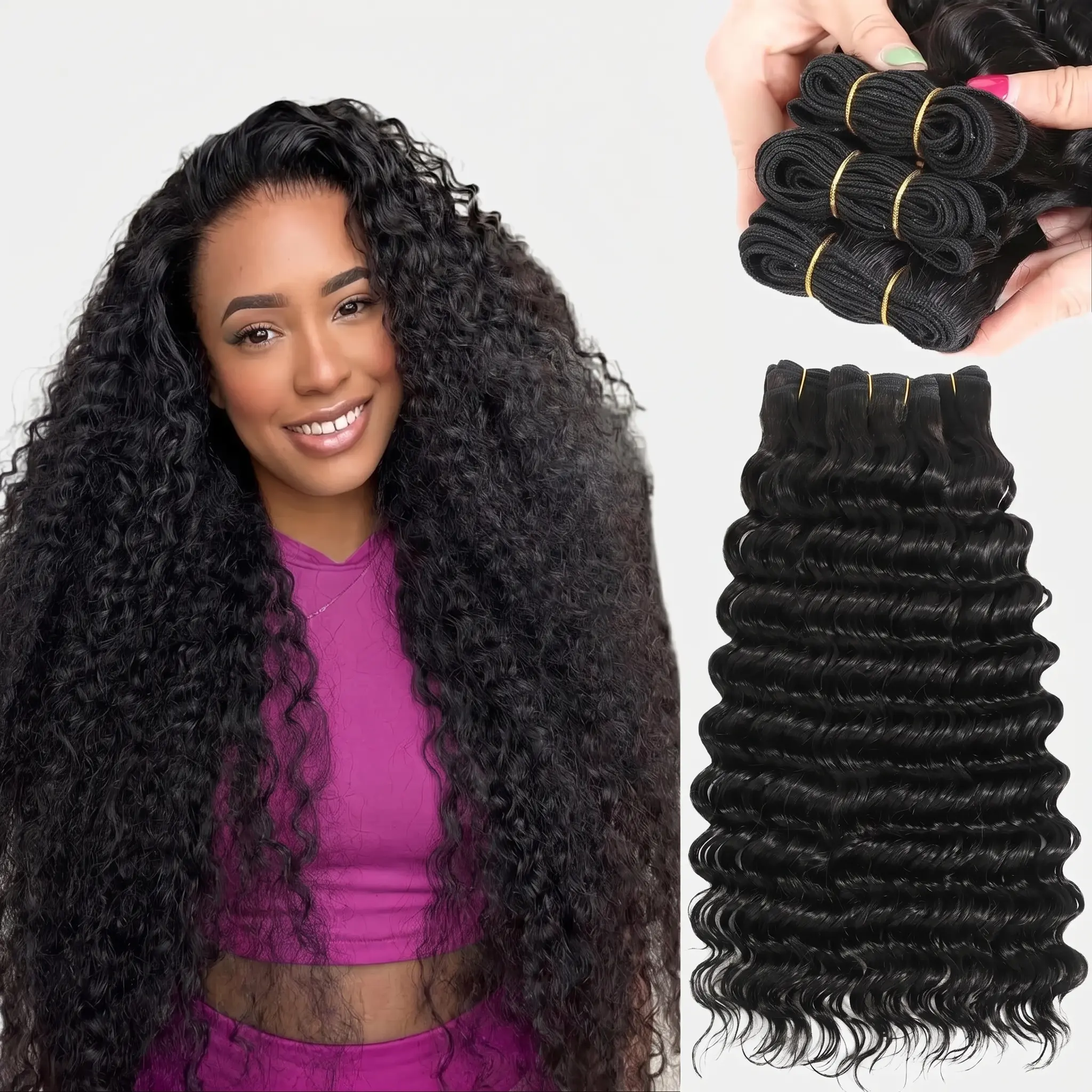 LRV Hair 3 Bundles Deep Wave Human Hair Bundles Curly Hair Brazilian Weaving 100% Unprocessed Double Weft Hair Extensions Weave  Wave Hair Bundles Deep Wave #MothersDayGift