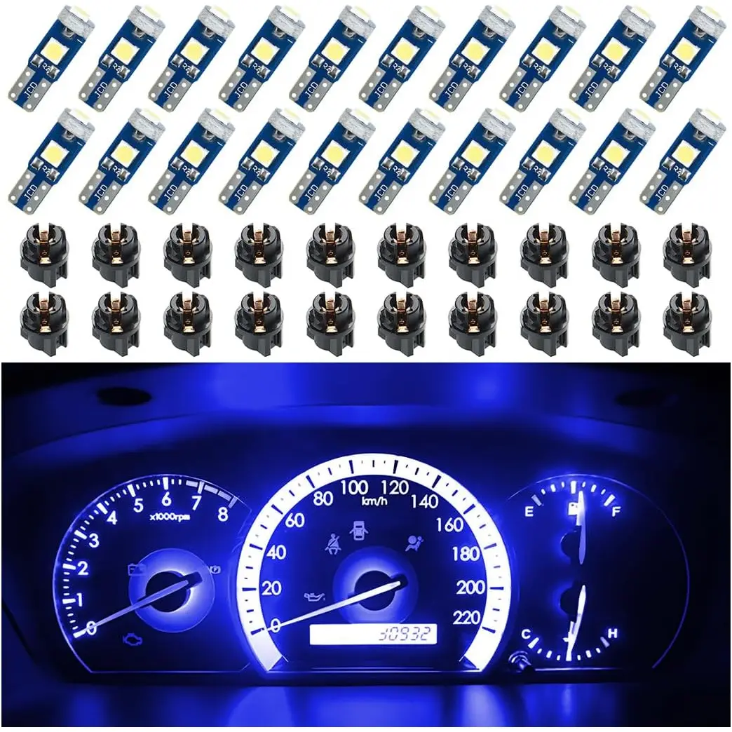 20 Pcs T5 LED Lights for Car Dashboard, High Light Bulb 3030-3SMD Replacement with Twist Lock Socket, Super Bright Light for Instrument Cluster Dashboard Panel Gauge Indicator (Blue)