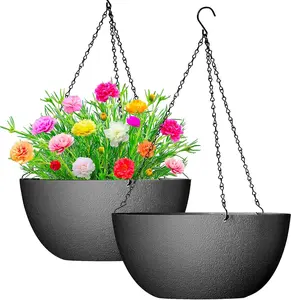 13 inch 2Pack Large Hanging Planters for Outdoor Indoor  with Drainage Holes and Chain, Round Hanging Flower Pots for Garden  Porch Decor, Black