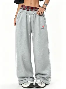 Women's Y2K Style Dual Waist Sweatpants, Plaid Lining Elastic Waist Wide Leg Sports Pants, Loa Angeles Letter and La Heart Print, Casual Daily Wear
