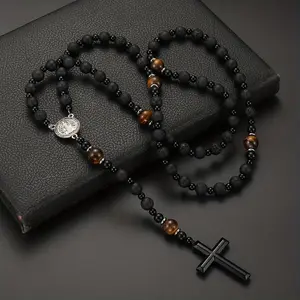 Natural Rock Black Agate Yellow Tiger Eye Tag Cross Pendant Rosary Necklace Jewelry For Men And Women chains