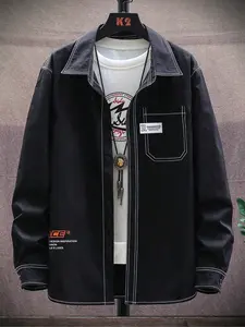 Men's Letter Print Pocket Design Shirt, Loose Casual Long Sleeve Collared Button Up Top for Fall & Winter, Men's Clothes for Daily Wear, Coats