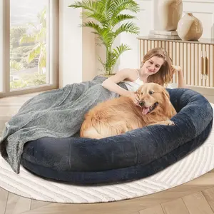 Dog Bed for Humans (72"x48"x10"), Human Size Dog Bed with Washable Faux Fur, Removable Memory Foam Giant Bean Bag Bed with Soft Blanket (Lead Gray, Large)