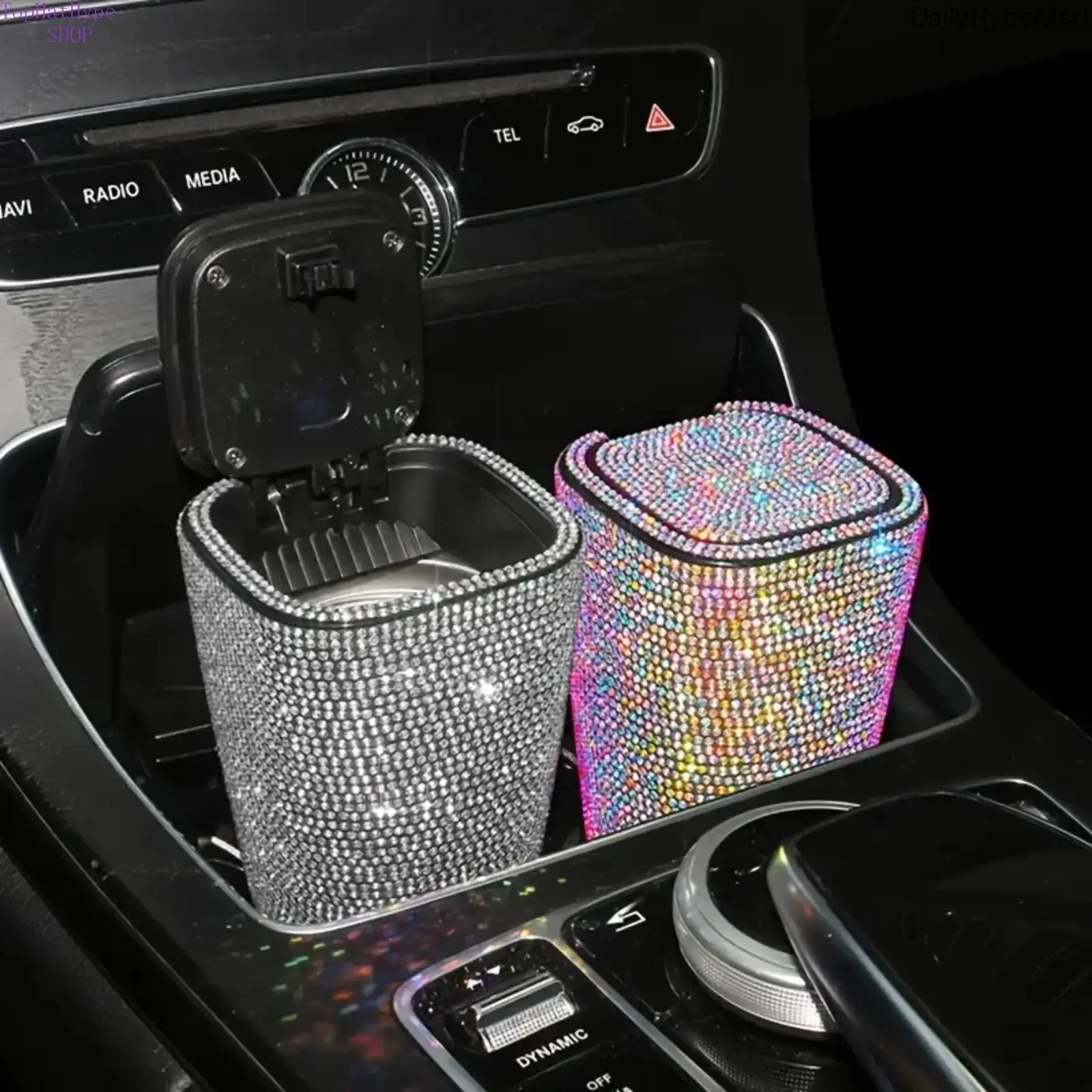 Bling Mini Car Trash Can with Lid, Windproof Odor-Proof Interior Bin, Accessories For Car, Car Interior Accessories