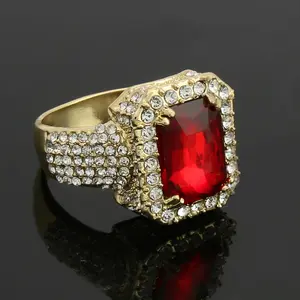 MEN'S PINKY RING ICED GOLD / SILVER HIP HOP LUXURY RED GEMSTONE CUBIC ZIRCONIA BLING SIZE 8 ~ 12