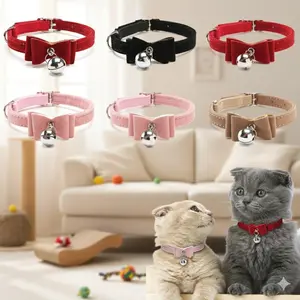 Adjustable Anti-Choking Safety Clasp Velvet Pet Collar with Bell & Bow Tie, Elastic Neckband for Small Medium Dogs Cats, Party Daily Wear Fashion Accessory, Sweet Style Four Seasons Safe Stretch Material.