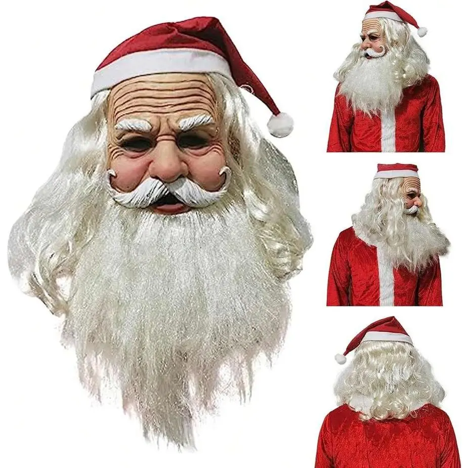 Realistic Latex Santa Claus Mask for Adults with Long White Beard and Fluffy Hat, Breathable Christmas Halloween Party Costume Accessory, Classic Santa Claus, 60*31Cm, One Size