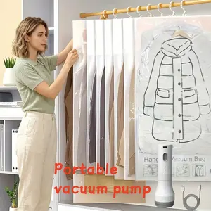 3 Sizes, Garment Bags For Hanging Clothes, 5-Piece Set (4 Hanging Bags + 1 Electric Air Pump) Hanging Vacuum Storage Space Saver Bags, 1500mAh Rechargeable - Type C, Space-Saving for Down Jackets & Long Coats, Wardrobe Organizer Saves 80% Space
