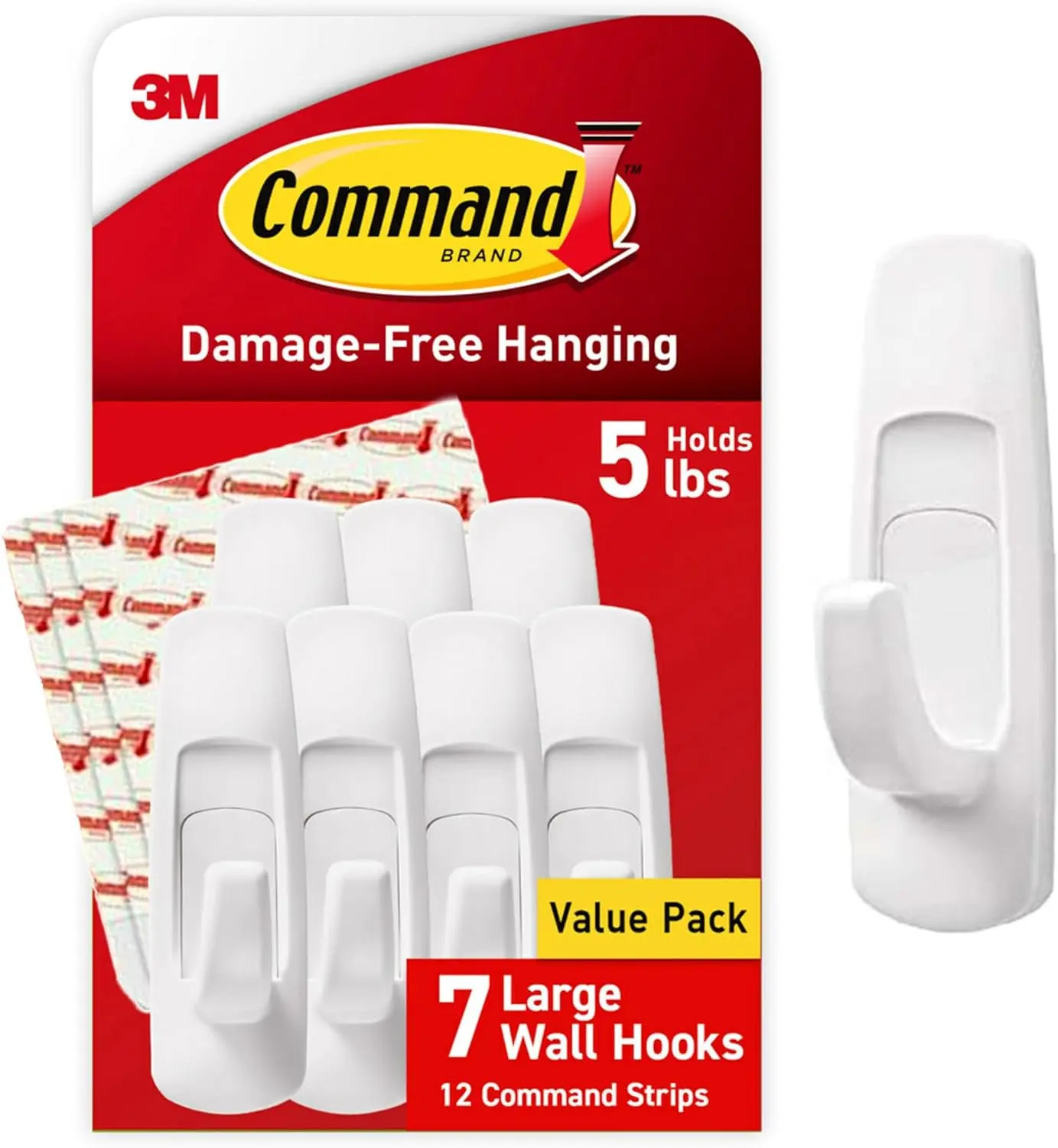 Command Large Utility Hooks, 7 Hooks with 12 Strips, Damage-Free Wall-Mount Hanging Hooks for Home, Kitchen, Bathroom, Bedroom and Office Organization, No-Drill Adhesive Hooks for Cords, Towels, Bags and Accessories
