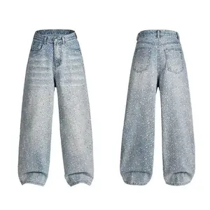 Women's Retro Rhinestone Polka Dot Frayed High Waist Straight Leg Jeans Denim Casual Bottom Trouser Streetwear Comfort Maternity Basic Minimalist Picture Color Clothing baggy jeans