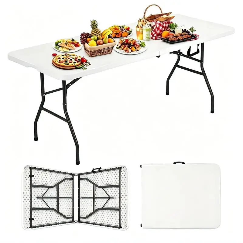 DauHor 6ft Foldable Plastic Portable Table with Handle & Lock - Heavy Duty Plastic Tables, Waterproof Top, Pre-Assembled for Camping, Home Decor - White