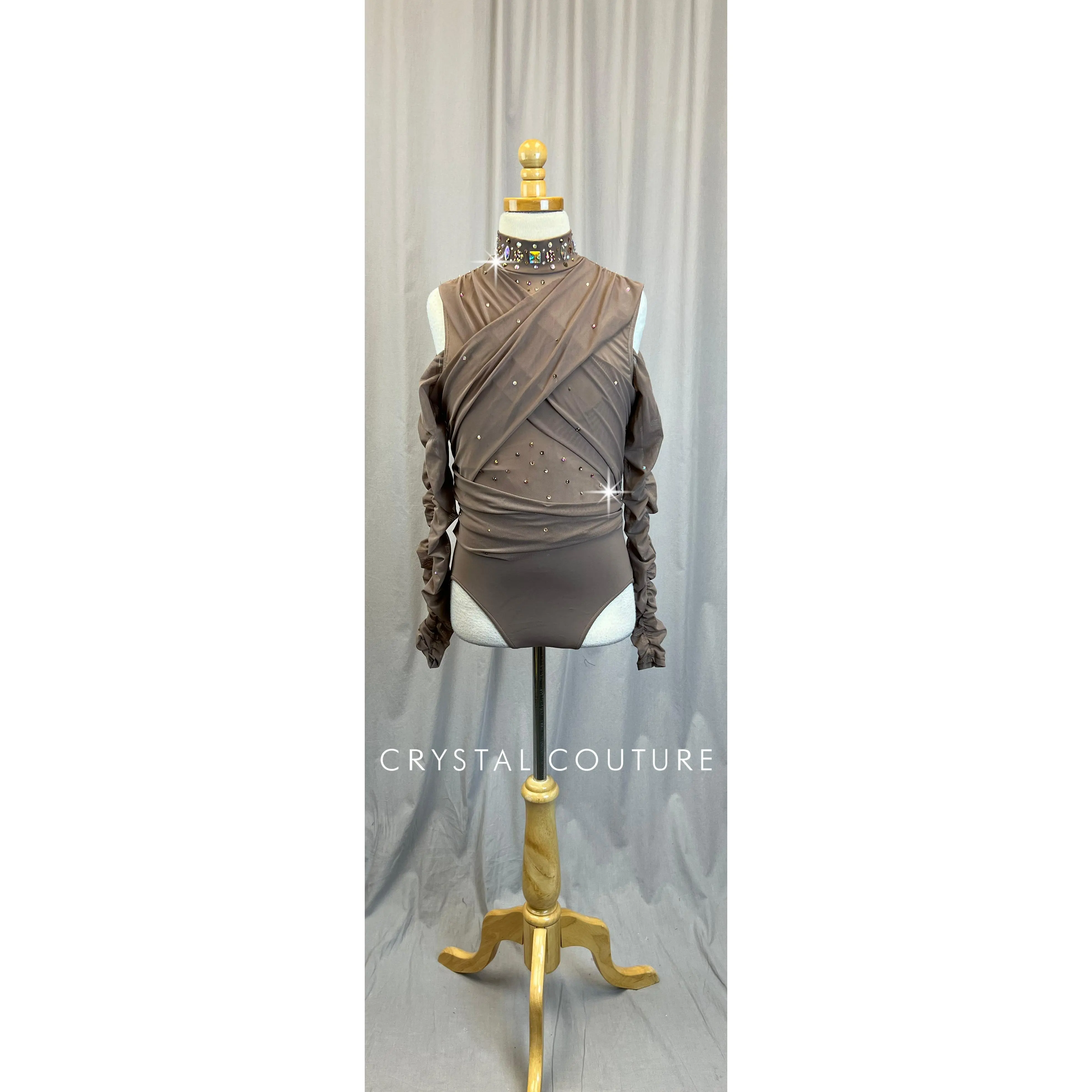 Brown Mesh Ruched Long Sleeve Leotard -Rhinestones
