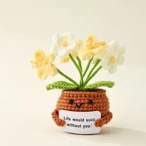 Handmade Crochet Lily of the Valley Potted Plush Doll with Inspirational Message Card, No-Wilt Knitted Flower, Cute Desk Decor & Emotional Gift