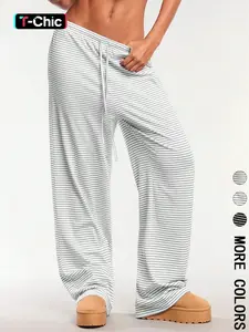 Women's Striped Print Drawstring Waist Pants, Casual Comfy Loungewear Trousers for Daily Wear, Ladies Bottoms for Fall