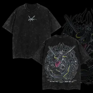 Acid Washed Heavyweight Cotton T Shirt Rayquaza Vintage Anime Manga Graphic Print Oversized Loose Fit Unisex Casual Streetwear Daily Fashion Outfit Trendy Apparel for Adult Men Women