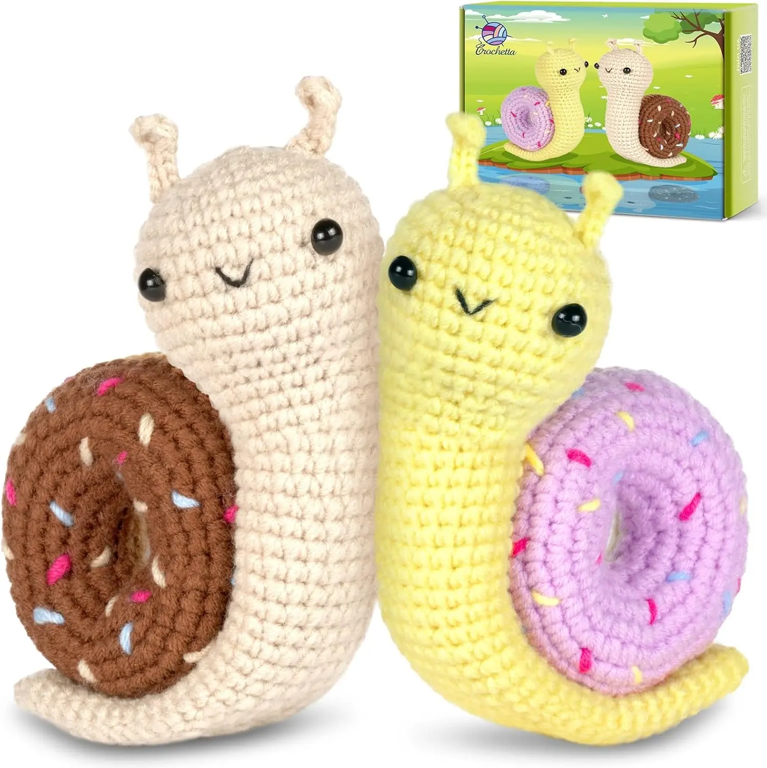 Crochetta Beginner Crochet Kit with Crochet Hook, 2-Pack Snail Couple, 8 Yarns & Step-by-Step Video Tutorials, DIY Knitting Supplies for Adults