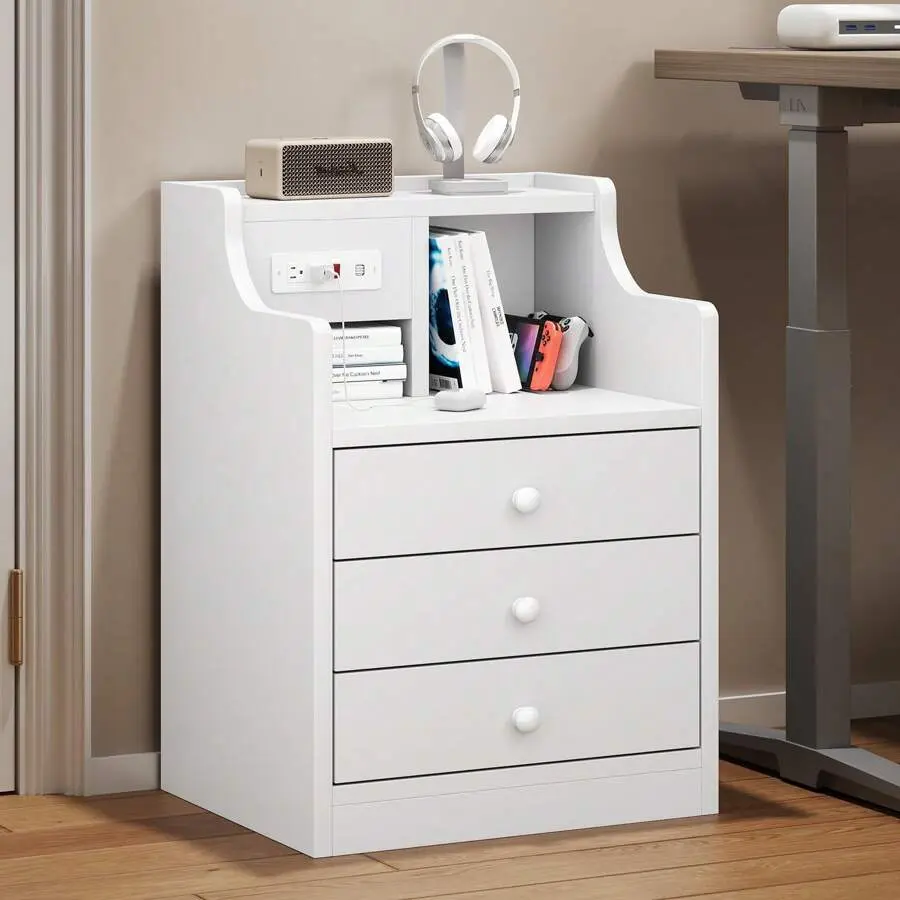 Nightstand With Charging Station, Night Stand End Table With Hutch And Storage Drawers, White