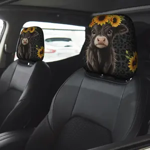 2pcs Cute Calf with Sunflower Wreath on Leopard Print Background Car Seat Pillowcase | Front and Rear Driver Side Protection Device, Polyester, Machine Washable, Universal Fit, Suitable for Halloween or Christmas Decoration, Car Seat Protector