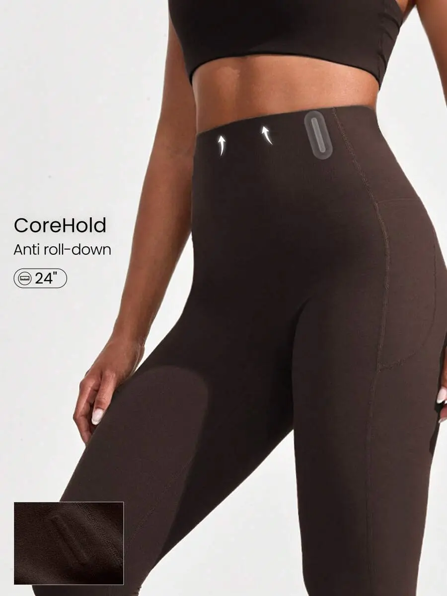 GLOWMODE 24'' CoreHold FeatherFit ™ -Sculpt No Slip Fit Boning Tummy Control No Front Seam Leggings With Side Pockets Workout Gym Spring