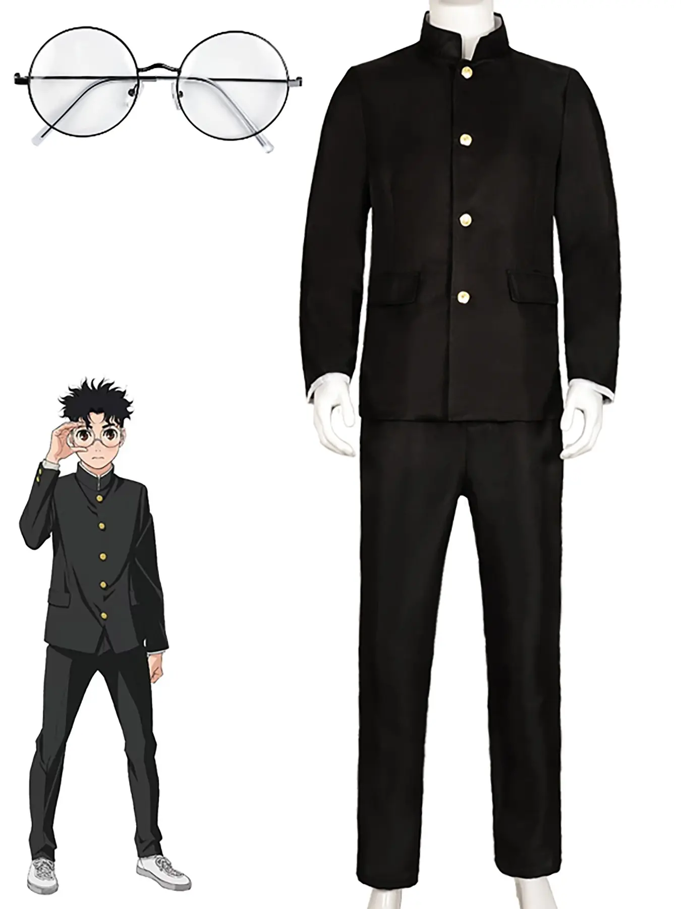 Ken Takakura Cosplay Costume Outfit Anime Dandadan Okarun School Uniform Black Long Jacket Pants Gakuran Glasses for Halloween Carnival party