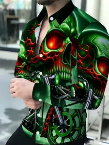 Green Flame Skull Motorcycle Print Men's Breathable Lapel Long-Sleeve Cardigan