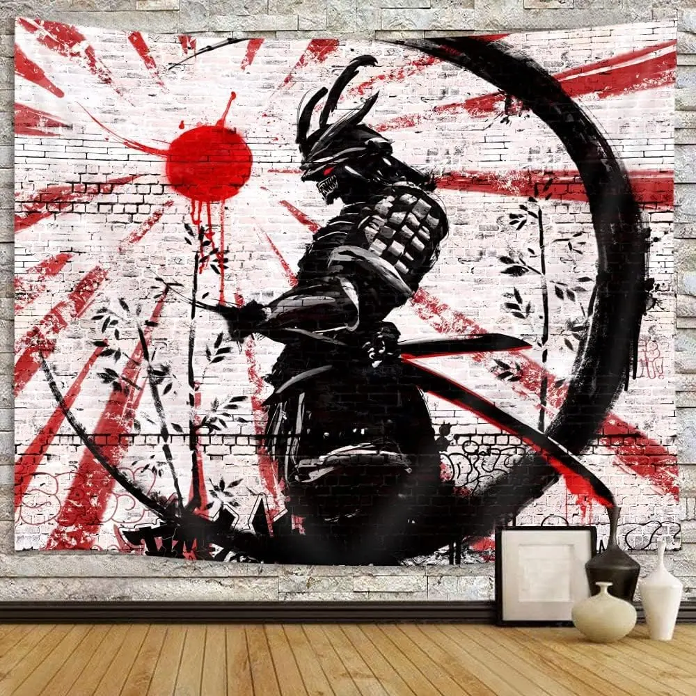 Japanese Samurai Art Cotton-Linen-Polyester Blend Tapestry Wall Hanging - 1 Size Adult Bedroom Decor, Red and Black Sun Moon Anime Wall Art for Men, Asian Japan College Room Accent