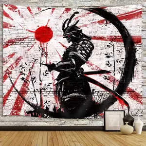 Japanese Samurai Art Decor Tapestry Wall Hanging for Bedroom, Cool Anime Red and Black Sun Moon Poster Wall Art Tapestries for Men, Asian Japan Male Blanket College Decorations