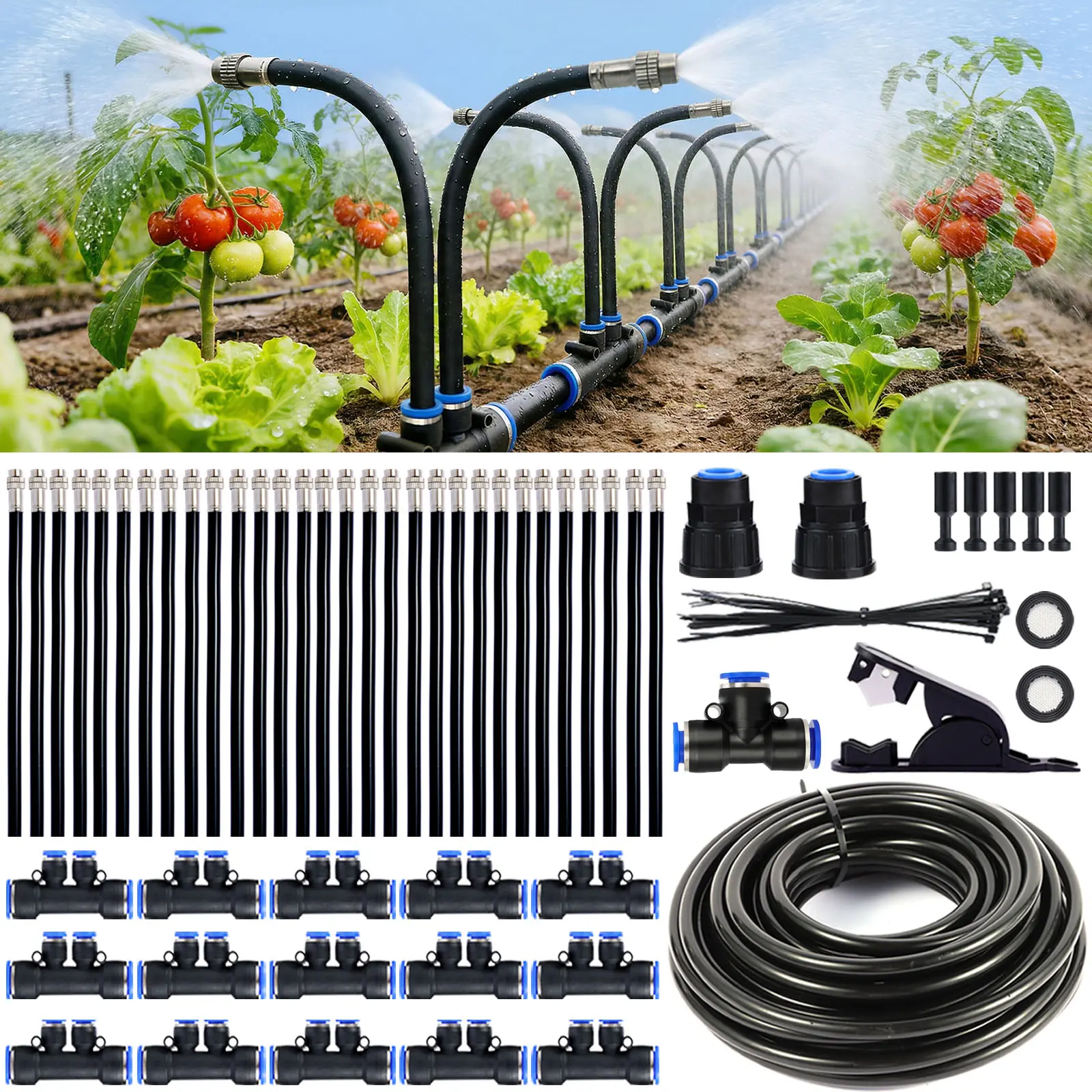 Upgrade dual-nozzle drip irrigation system—50Ft, 12mm large inner diameter, increased water flow, 360° precise irrigation, three modes, quick 5-minute installation, suitable for multiple scenarios, Spray Nozzle for Watering Lawn Yard Garden