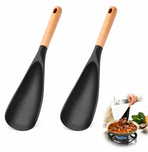2-Piece Silicone Utensil with Wooden Handle, Home Daily Cooking & Baking, Nonstick Cooking Spoon Set, Heat Resistant Flexible Mixing Scooping Scraping Kitchen Tool
