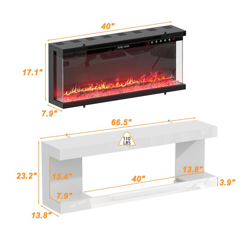 FUFU&GAGA Electric Fireplace TV Stand for TVs up to 70 Inch with LED Light 1500W Adjustable Flame 2-Level Heat Media Entertainment Center Console Table White Black Living Room Furniture Shelf nightstand tv stand