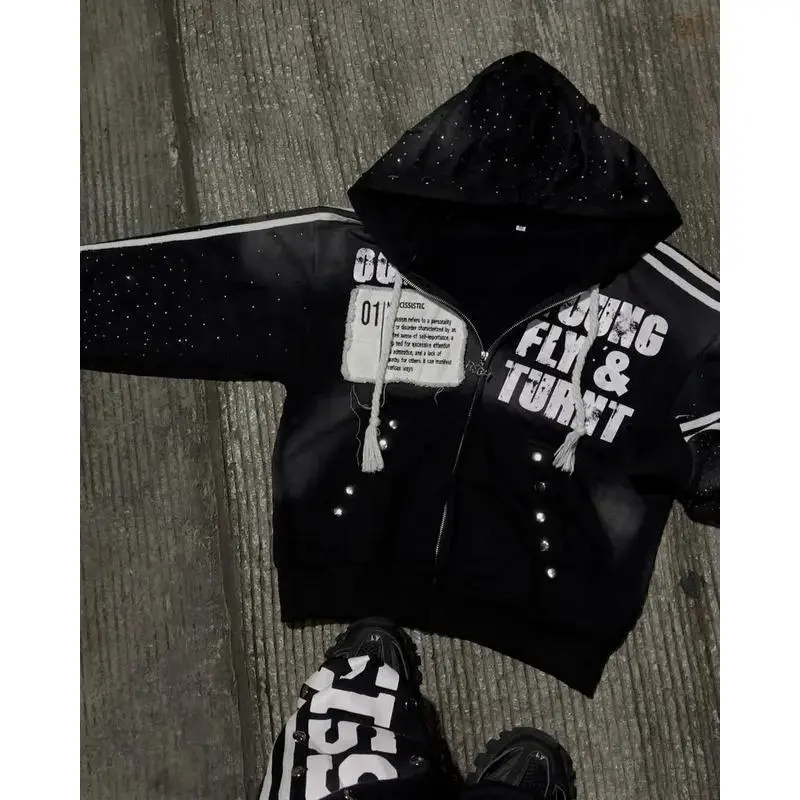 clothing piecesGothic Punk Hip Hop Washed Hoodie Y2k Retro Klein Stone Stripe Embroidery Zip Up Hoodies Rock Harajuku Men Women Streetwear funny saying shirt