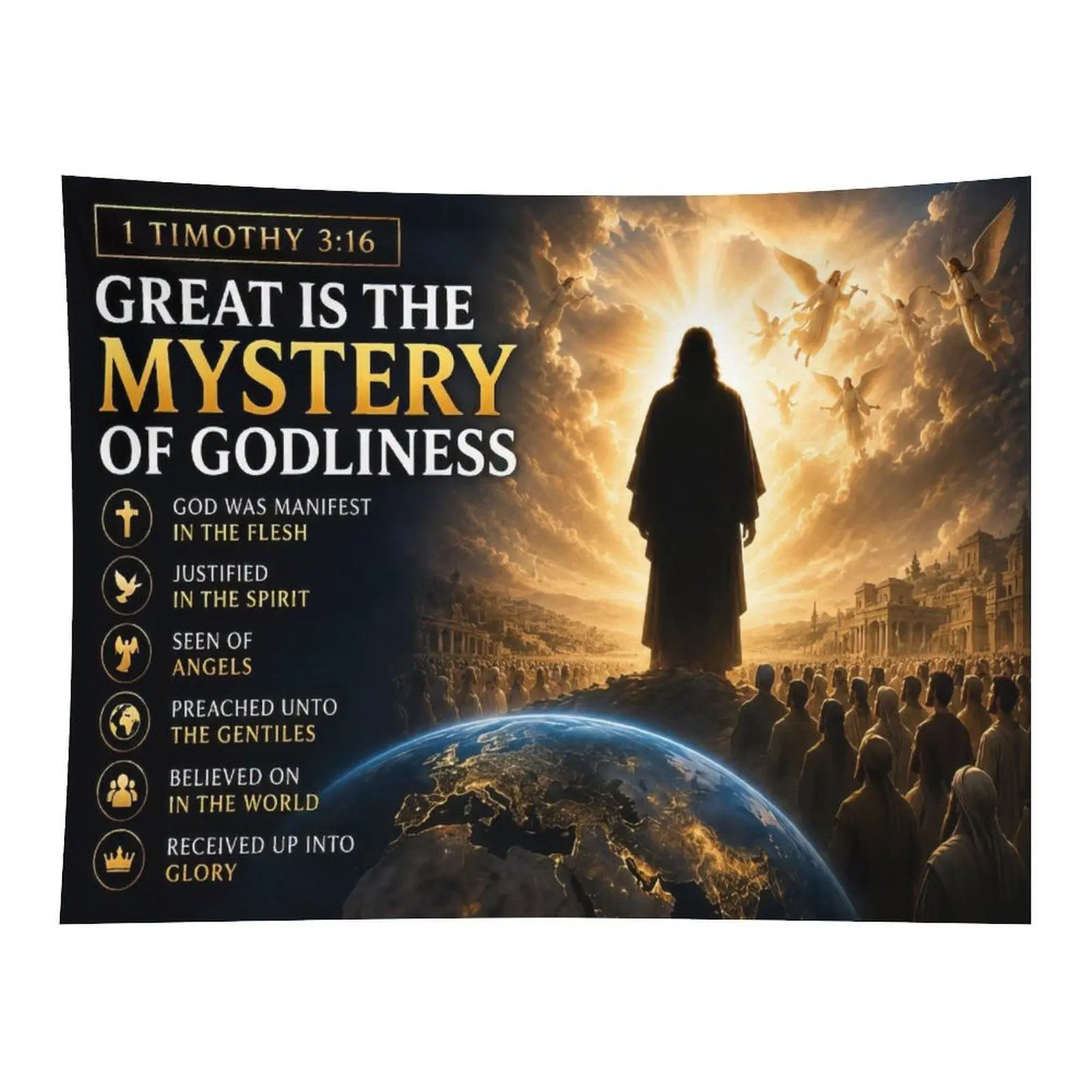 1 Timothy 3:16 Great Is The Mystery Of Godliness Bible Verse Jesus Silhouette Angel Heaven Earth Wall Tapestry Wall Hanging, Christian Religious Inspirational Faith Decor for Church Prayer Room Backdrop